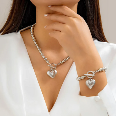 Women’s Pearl Heart Necklace Bracelet Set