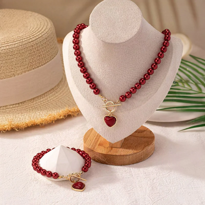 Women’s Pearl Heart Necklace Bracelet Set