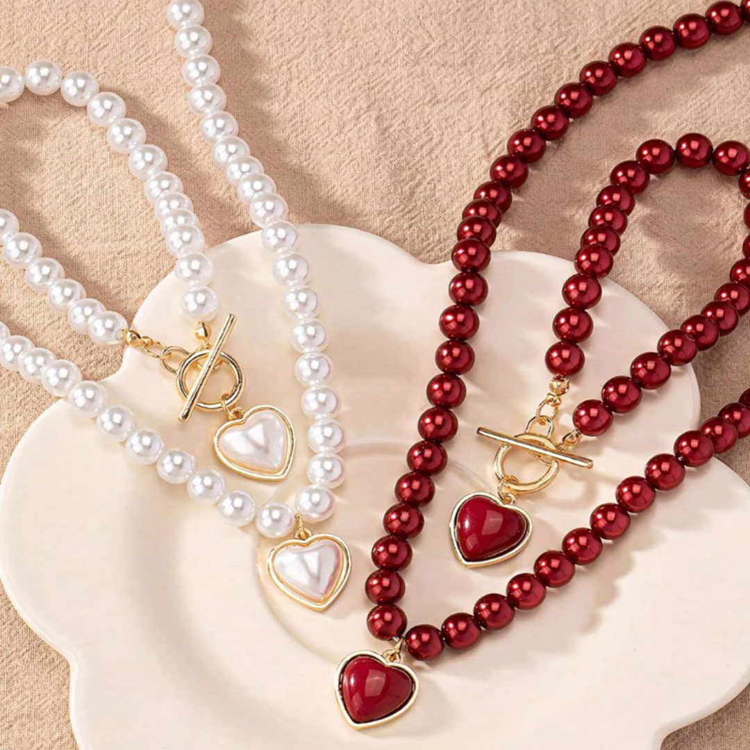 Women’s Pearl Heart Necklace Bracelet Set