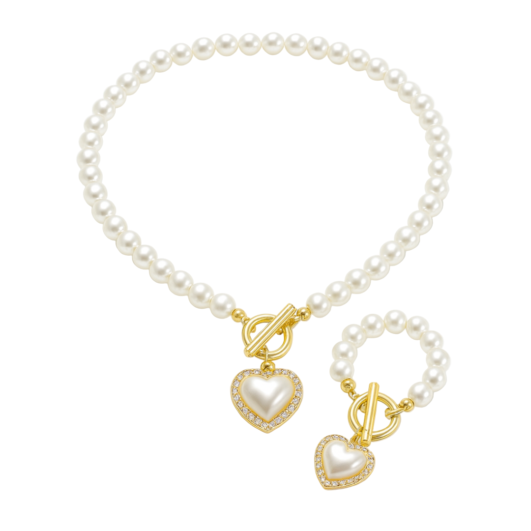Women’s Pearl Heart Necklace Bracelet Set