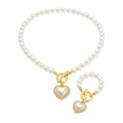 Women’s Pearl Heart Necklace Bracelet Set