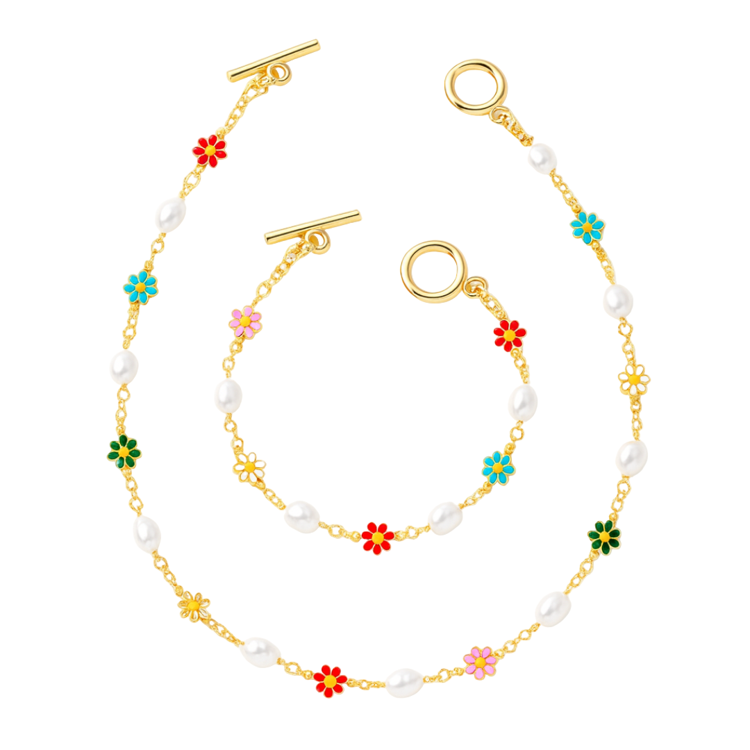 Women’s Floral Pearl Necklace and Bracelet Set