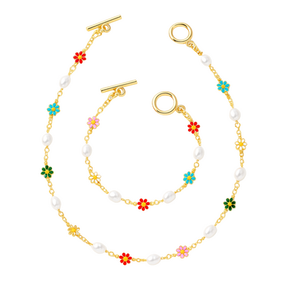 Women’s Floral Pearl Necklace and Bracelet Set