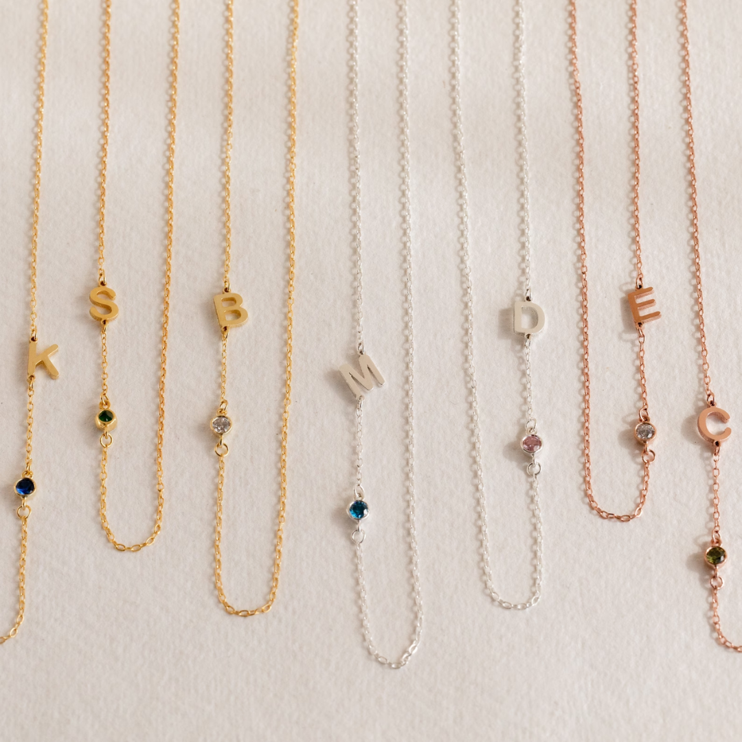 Women’s Personalised Sideways Initial Birthstone Necklace