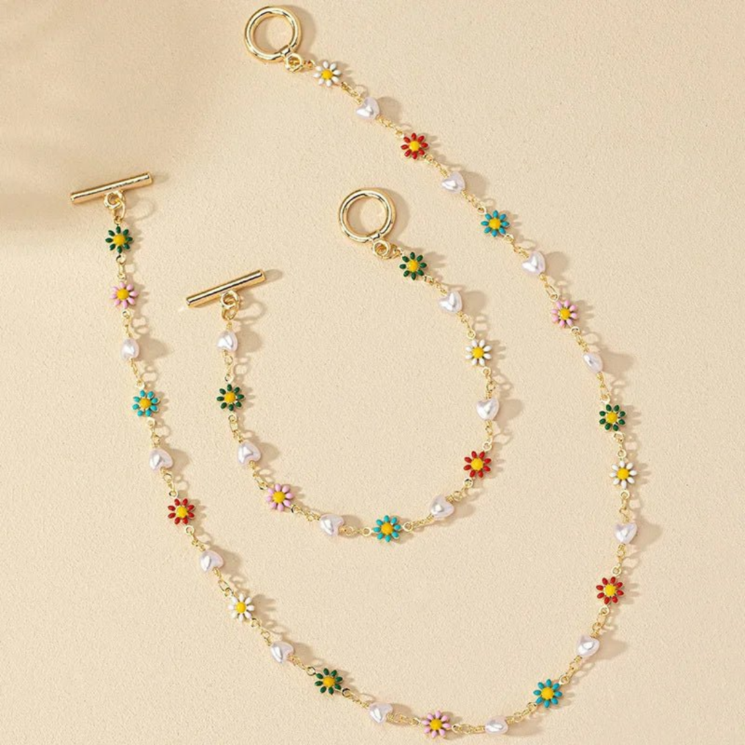 Women’s Floral Pearl Necklace and Bracelet Set