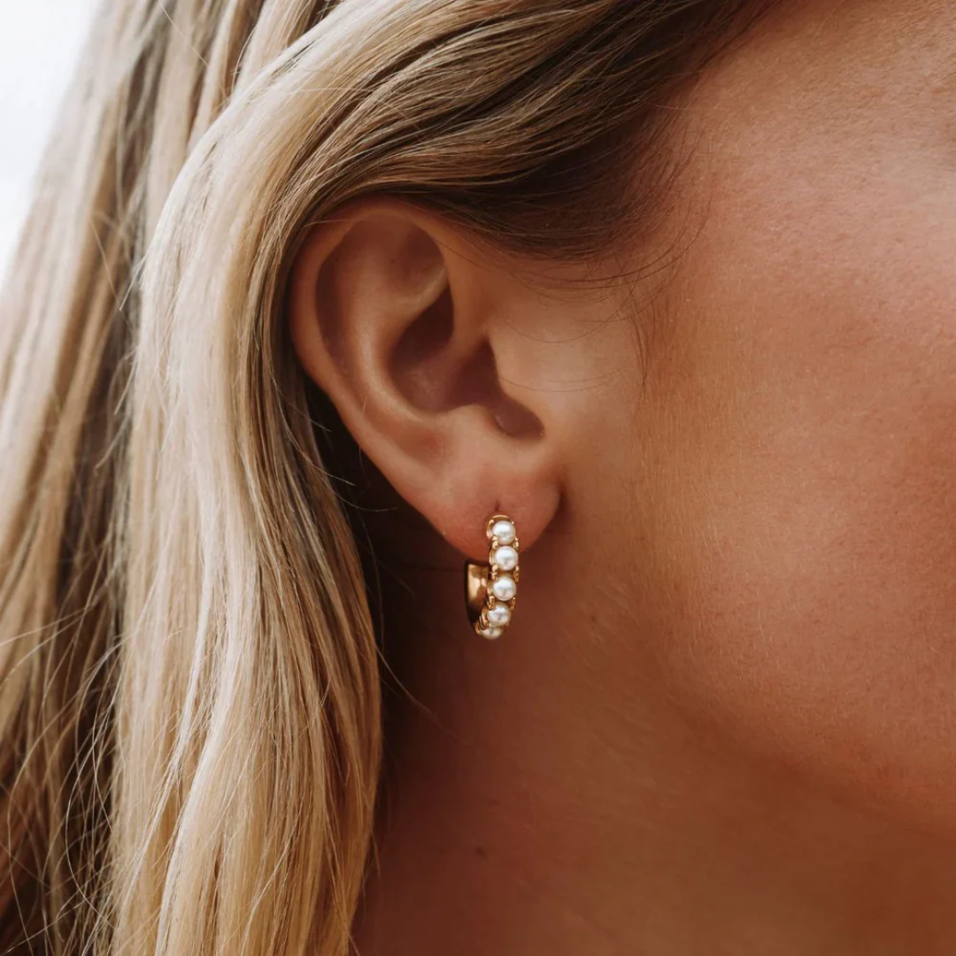 Women's Pearl Huggie Hoop Earrings | Hypoallergenic