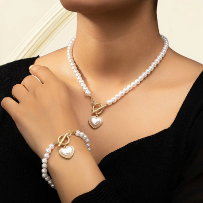 Women’s Pearl Heart Necklace Bracelet Set