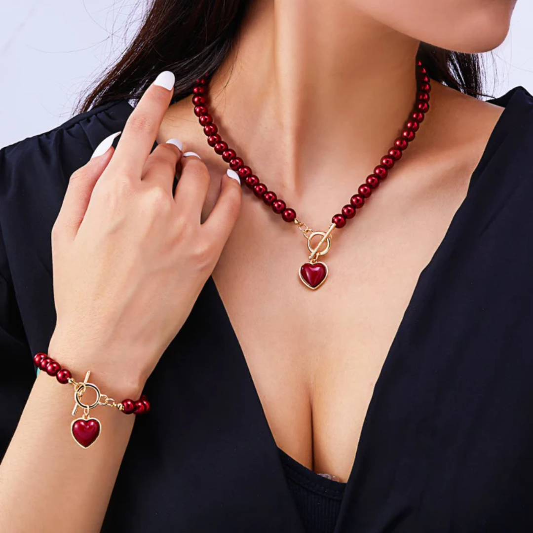 Women’s Pearl Heart Necklace Bracelet Set