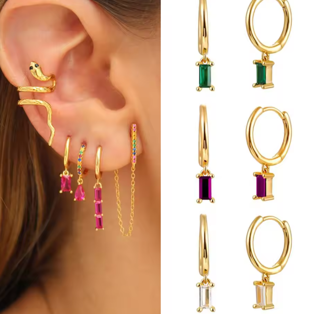 Women’s Baguette Birthstone Huggie Hoop Earrings